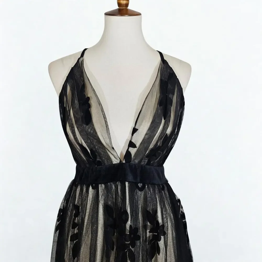 Venus Black and Nude Tulle Midi Dress - Picture 3 of 8